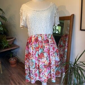 Y2K Floral & Lace Women's Midi Dress Fully Lined Sheer Sleeves Size XL